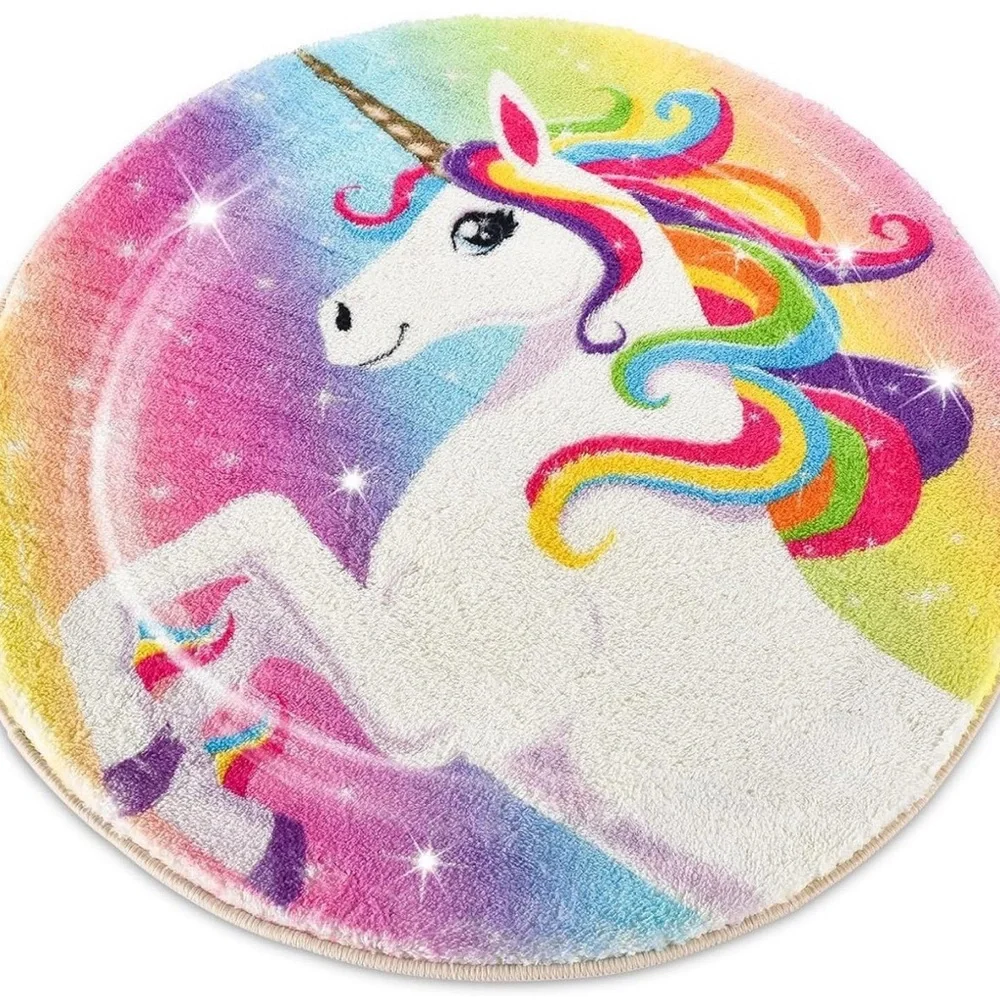 NIP Unicorn Bath Mat Plush Rug Lisa Frank Style Round Rug Home Decor Magical Uni
